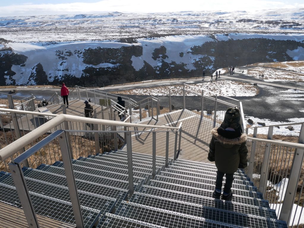 Walking down to the lower viewing level at Gullfoss